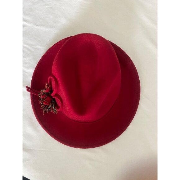 Vintage Women Red 100% Wool Hat With Black Plaid Wool Flower Ribbon Statement - Picture 3 of 7